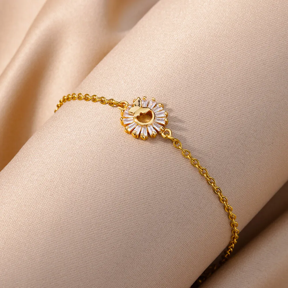 Crystal Sunflower Bracelets Gold Color Stainless Steel