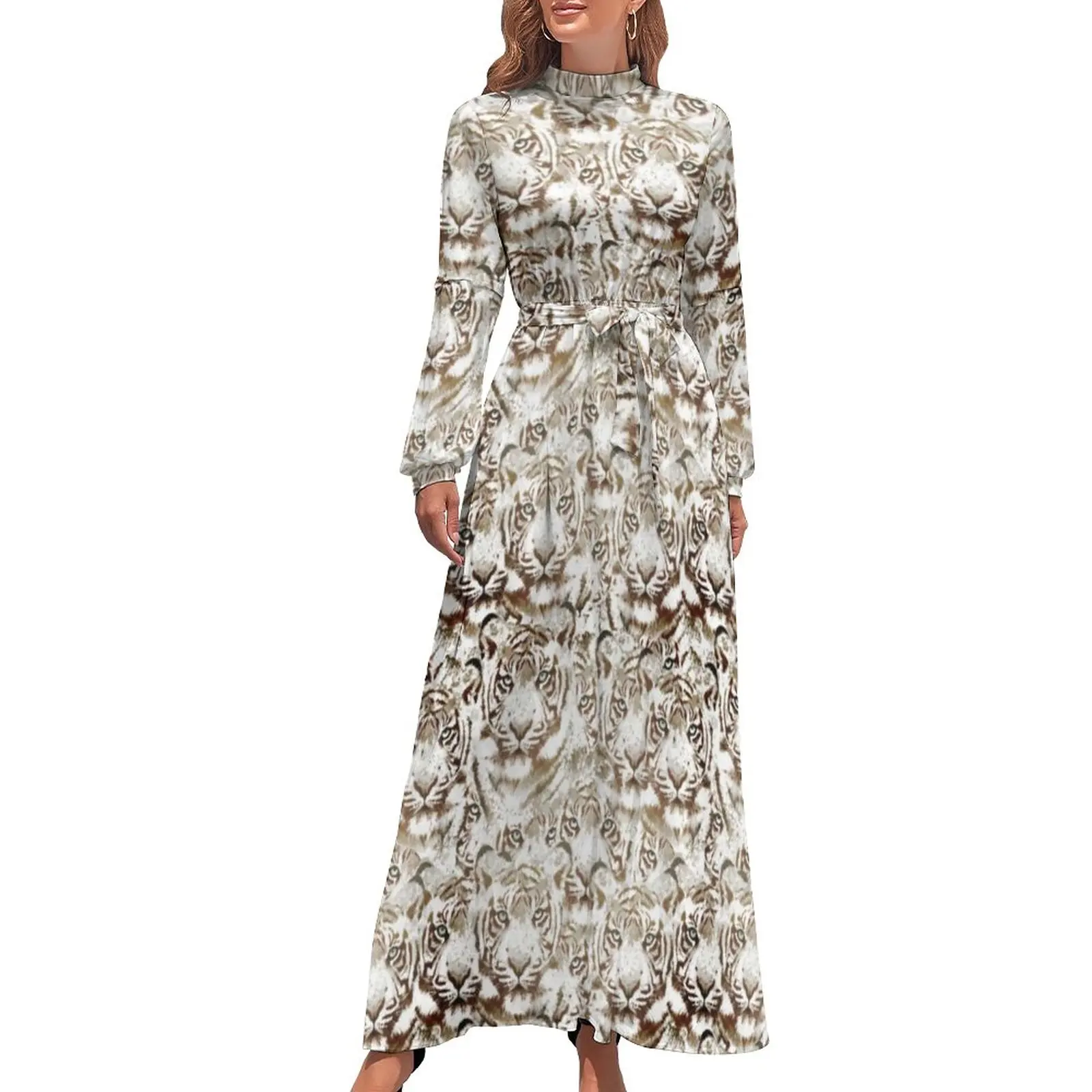 

Tiger Face Design Dress White and Brown Animal Print Trendy Maxi Dress High Waist Long Sleeve Fashion Bohemia Long Dresses