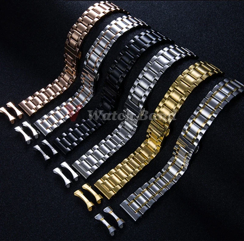 Universal Stainless Steel Hollow Curved End Watch Band with Butterfly Buckle