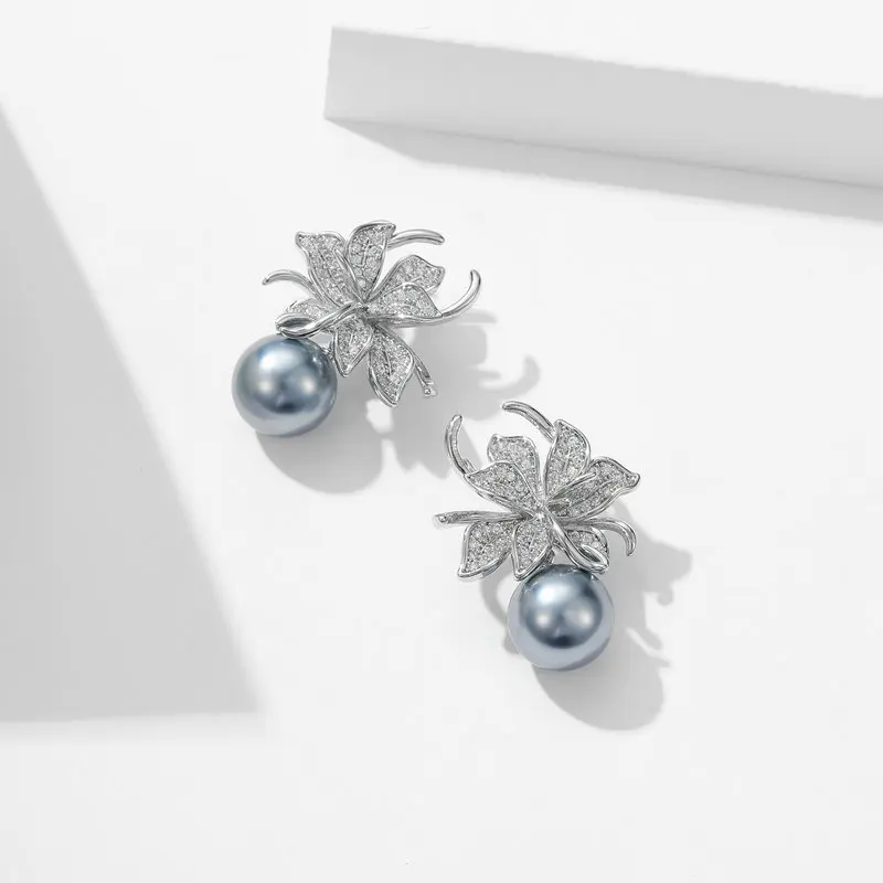 Elegant Temperament Pearl Flower Earrings S925 Silver Needle Micro Pave CZ Stone Gold Plated Wedding Bridal Dangle Jewelry