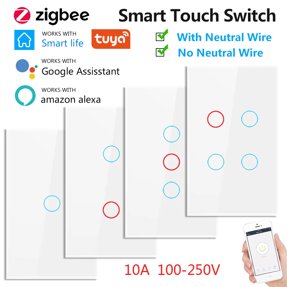 Zigbee Touch Switch 1/2/3/4 Gang AC 100v250v Wall Light Switch Smart