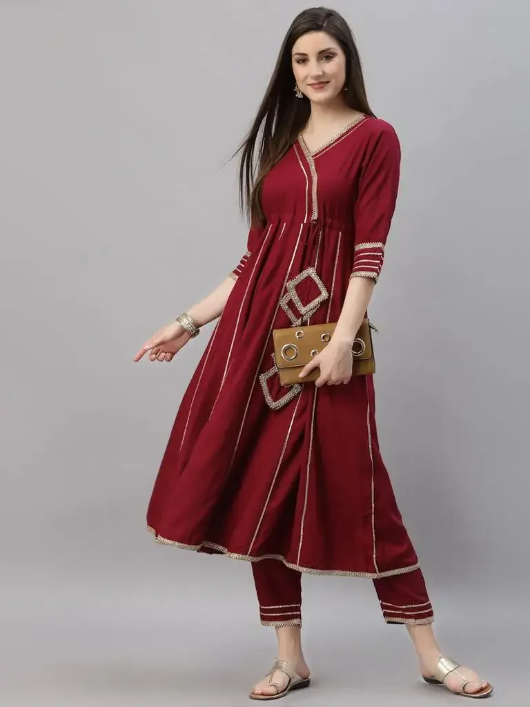 

Red Beautiful Anarkali Gown pant Kurta Tussles Stitch Eid Kurti Trouse for women