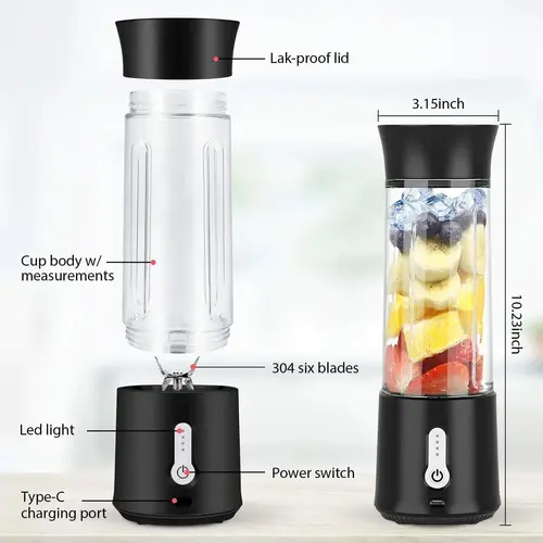 휴대용 전기 미니 블렌더, 500ML C 타입 충전식 과일 믹서, 주스 메이커 기계, 가정 여행 스포츠용 다기능 5