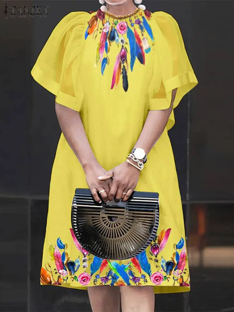 

Женское платье-мини ZANZEA, модель 2024 года, летний сарафан с принтом перьев, повседневное Сетчатое платье в стиле пэчворк, винтажное платье с оборками и коротким рукавом