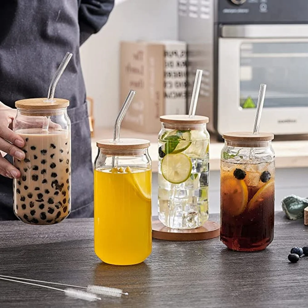 480ml Glass Cup With Lid and Straw Transparent Bubble Tea Cup Juice Glass Beer Can Milk Mocha Cups Breakfast Mug Drinkware 3