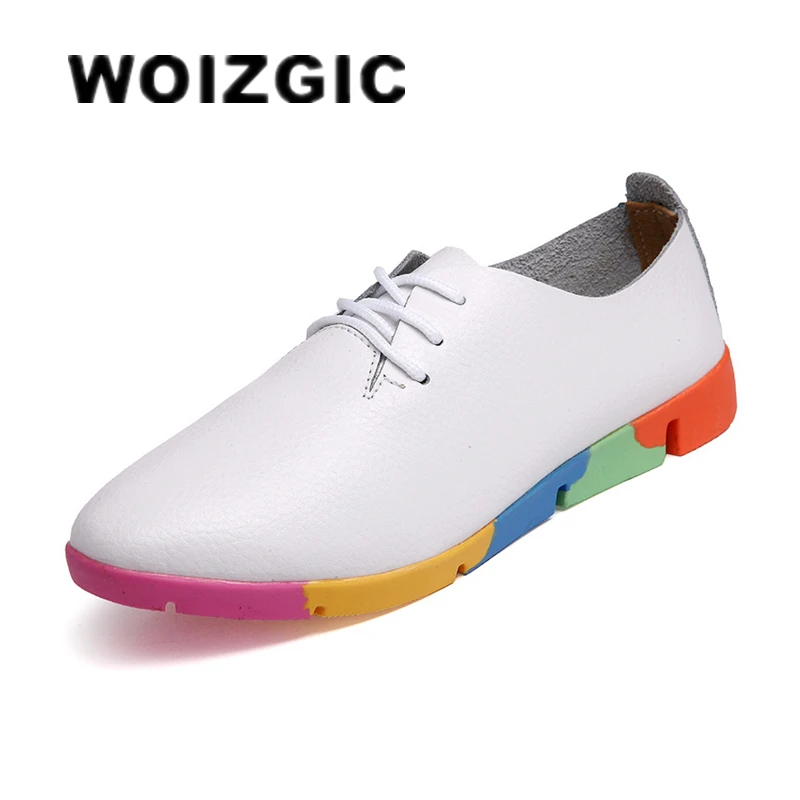 Women Shoes Casual Flats Loafer Cow Genuine Leather Soft Pigskin Lace Up Footwear 35-44