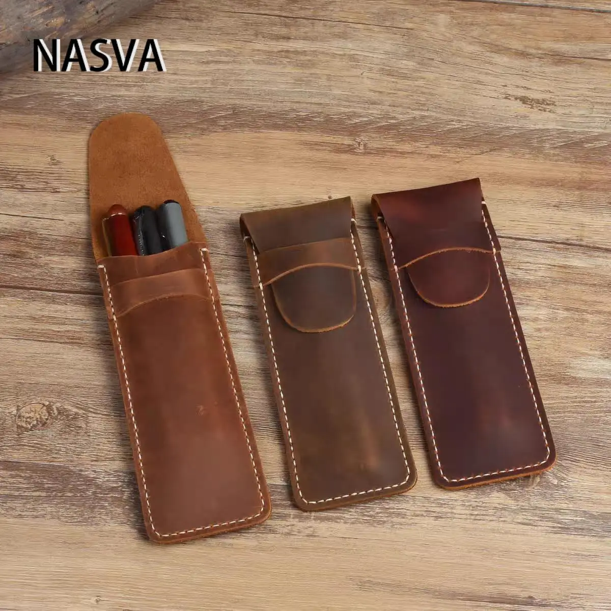 NASVA Genuine Leather pencil case Vintage Pencil Case Pen Protector Pencil Organizer Portable Insert Pouch Simple Case