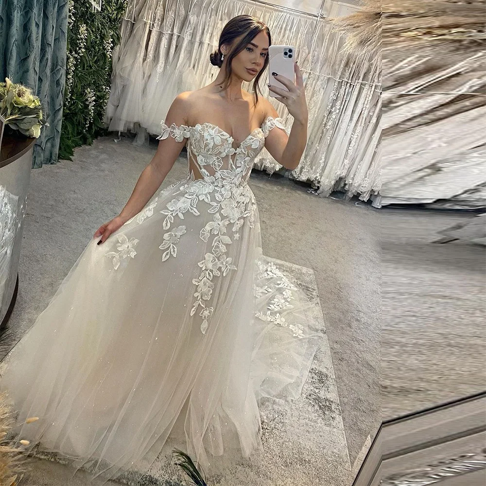 

Sevintage Exquisite Lace Appliques Wedding Dresses Sweetheart Off the Shoulder Bridal Gowns A-Line Wedding Gown vestido de noiva