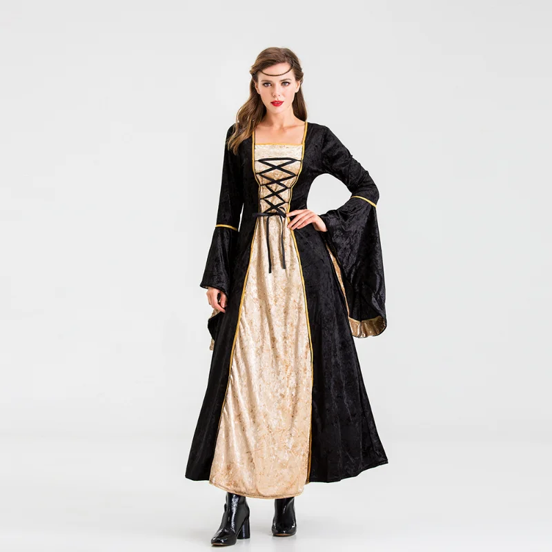 

Medieval Renaissance Velvet Ancient European Court Queen Costume Adult Women Halloween Gown Party Square Collar Maxi Dress