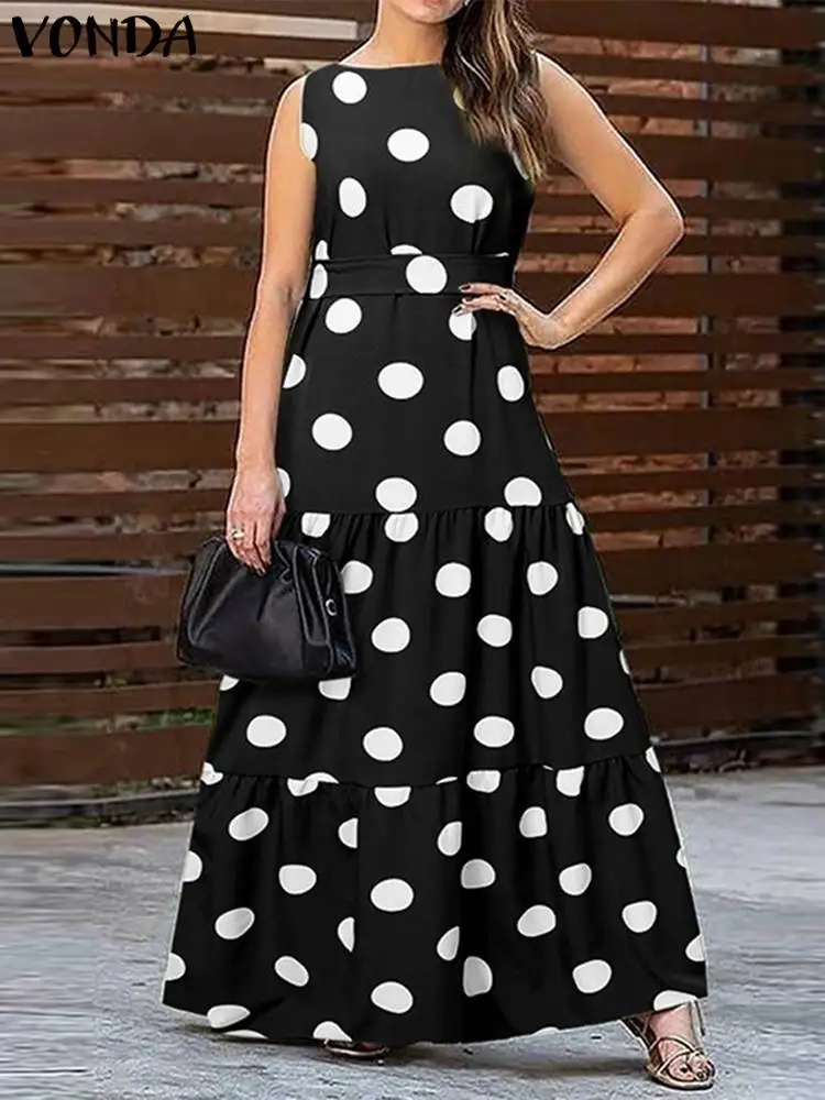 

VONDA Sexy Sleeveless Maxi Dress 2024 Women Summer Polka Dot Sundress Casual Loose Bohemian Pleated Party Long Robe Belted Femme