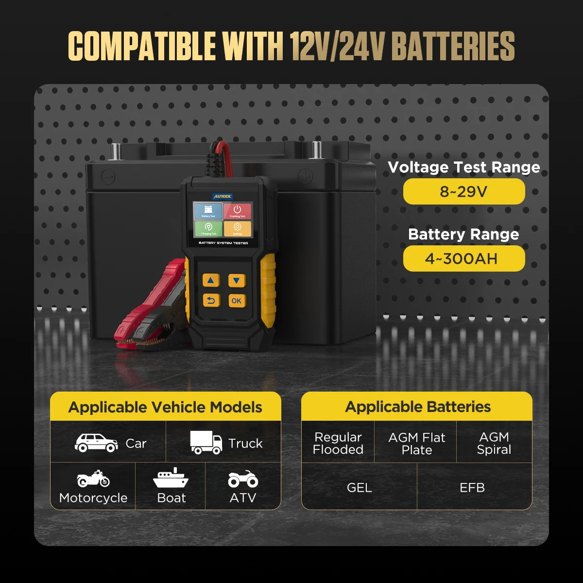 AUTOOL BT360 8-29V Car Battery Tester 2.8-Inch Color Display Electric Vehicle Battery Analyzer 30-2000CCA Cranking Charging Tool 3
