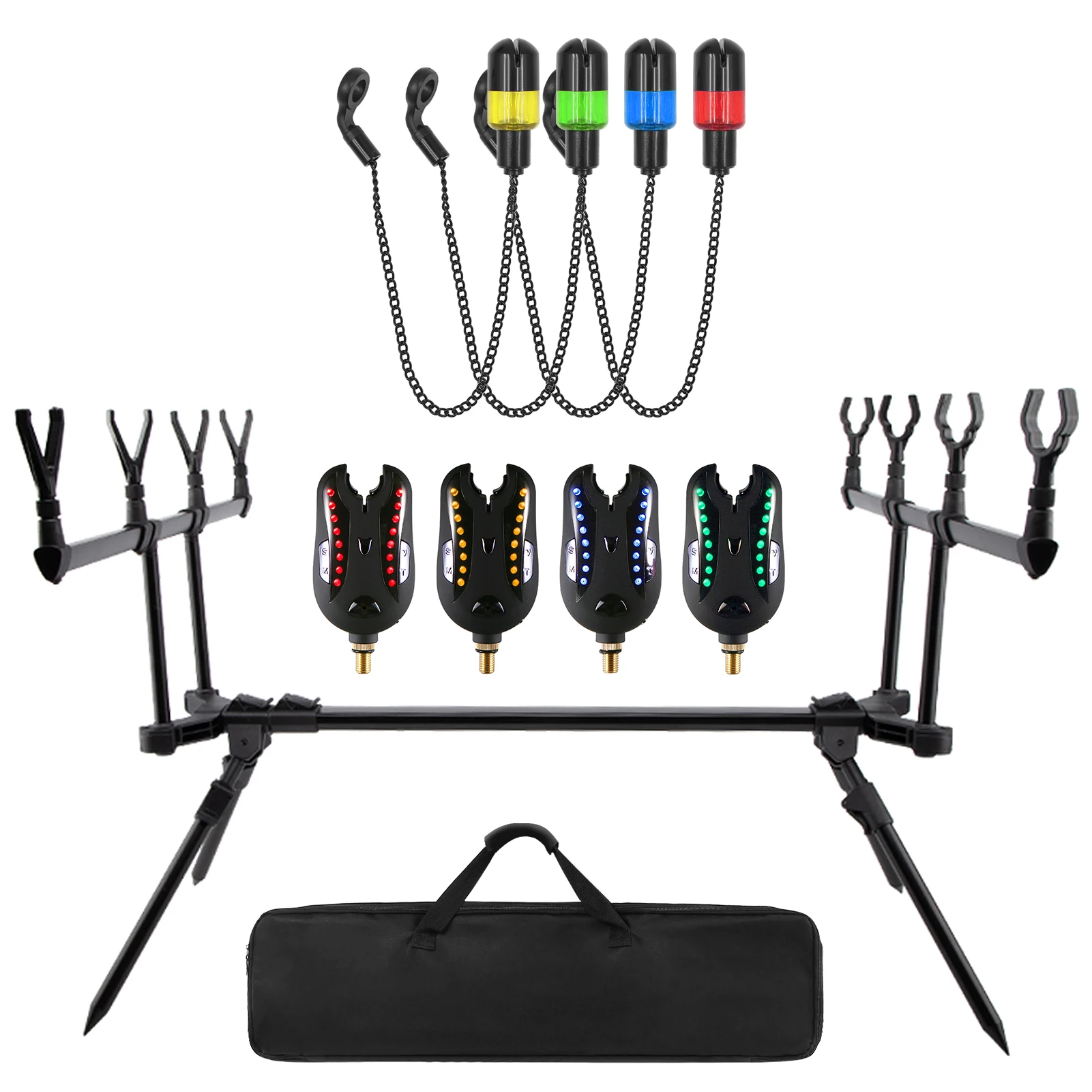 Adjustable Retractable Carp Fishing Rod Stand with LED Bite Alarms and