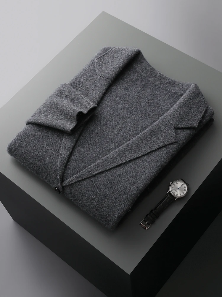 Autumn Winter Men Cashmere Sweater Button Cardigan Turn-Down Collar 100% Merino Wool Pocket Knitwear Soft Casual Fashion Coat 5