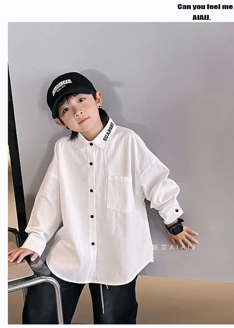 جديد 3-12 سنة ربيع الخريف الفتيان قميص بلون واحدة الصدر الوقوف طوق كم طويل قميص للأطفال الأطفال القطن قميص