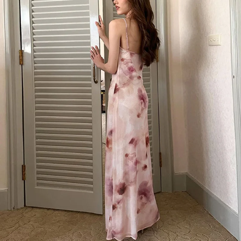Summer Long Dress y2k Women Floral Print Square Neck Spaghetti Strap Sleeveless Bodycon Dress 2000s Club Party Dresses
