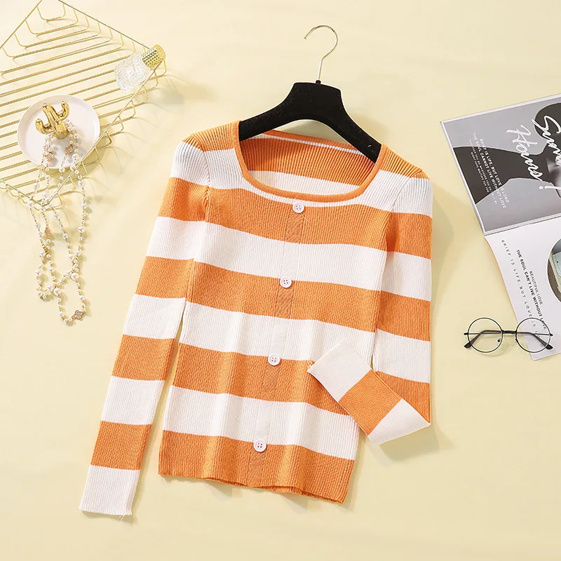 AutumnandWinterStripeKnittedUndercoatWomensLooseSquareNeck