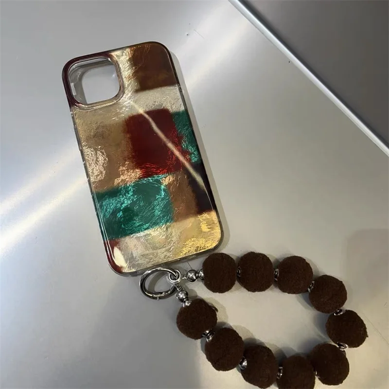 Retro Brown & Red Color Blocked Phone Case with Fur Ball Chain Decor