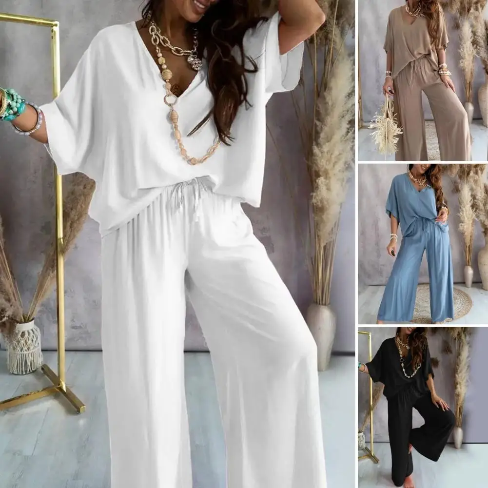 

Two-piece Suit Stylish Women's Top Pants Set with Wide Leg Trousers V Neck Bat Sleeve Loose T-shirt High Waist for Commute