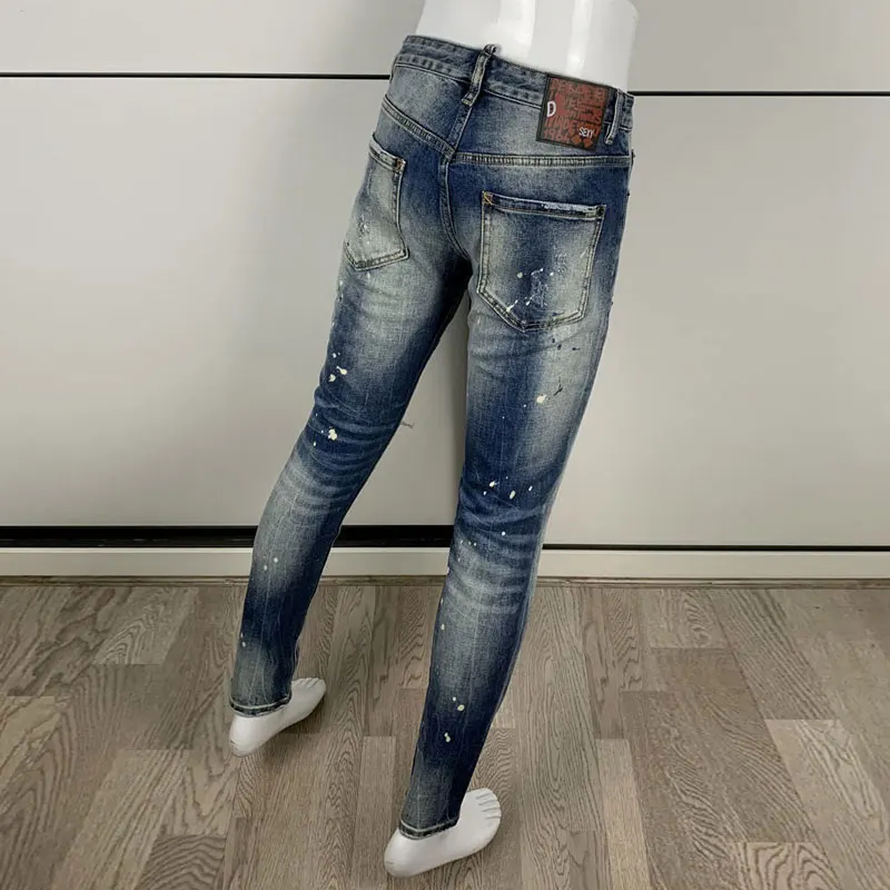 Street Fashion Men Jeans High Quality Retro Washed Blue Stretch Slim Fit Ripped Jeans Men Painted Designer Hip Hop Brand Pants
