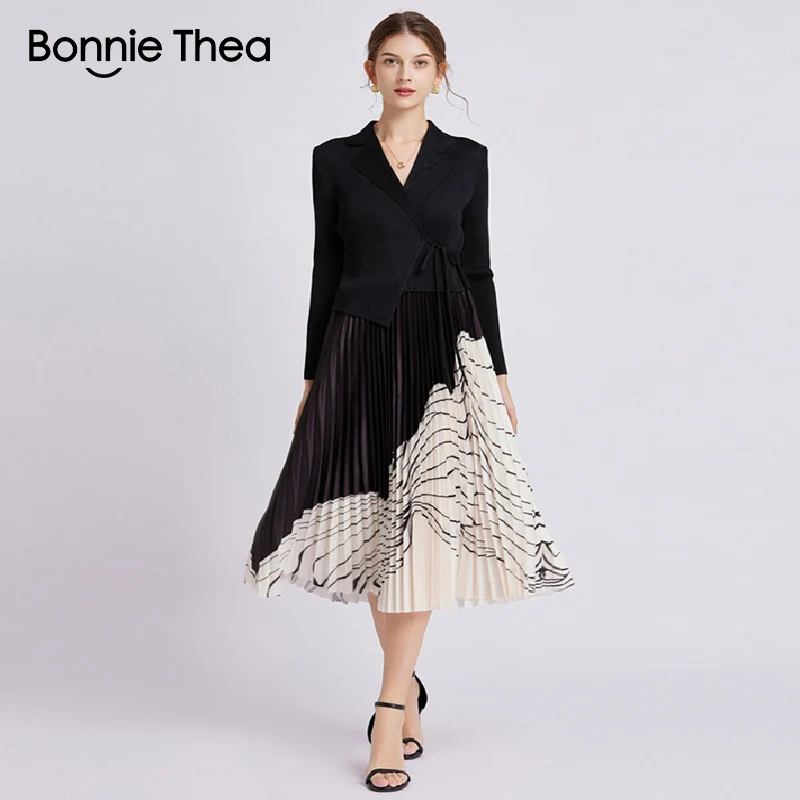

Bonnie Thea Maxi Dress Autumn Elegant Print Pleated Dress Women Notched Long Sleeve Dresses Vintage Party Vestidos