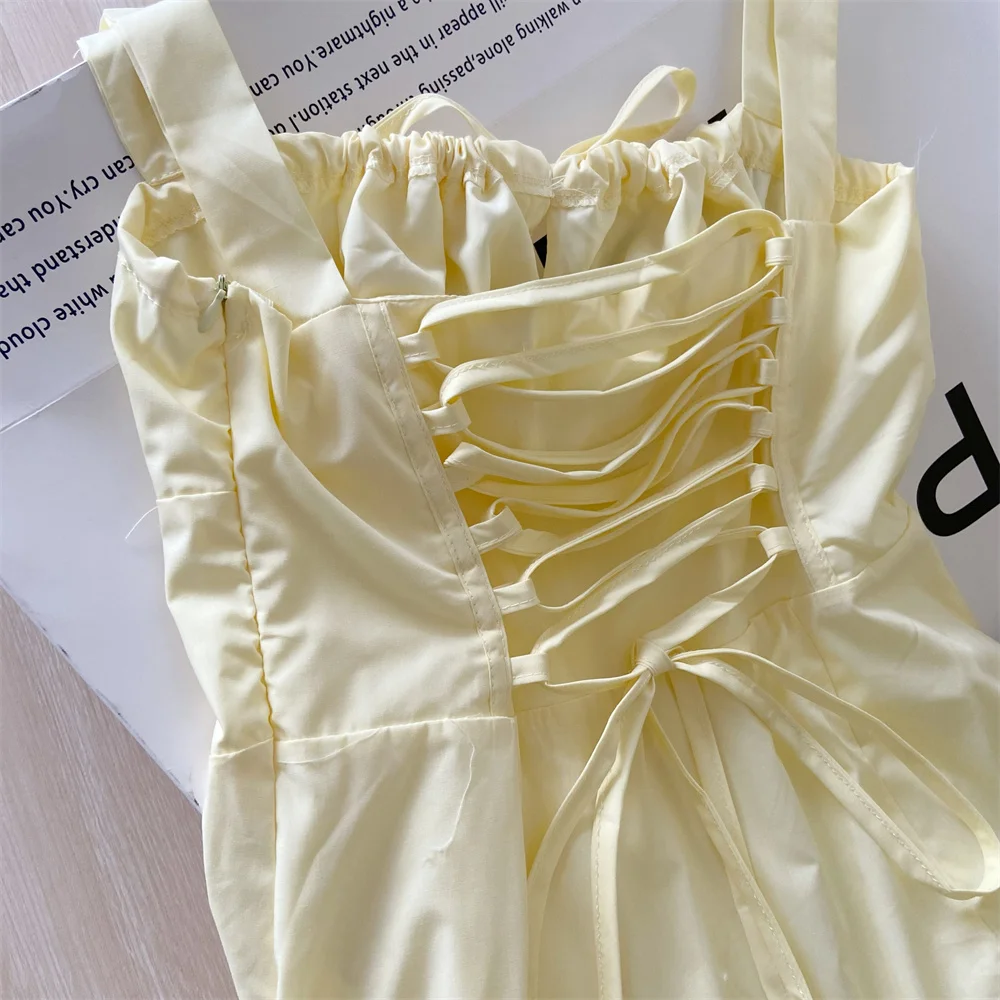 French Vintage Strap Birthday Party Dress High Split Lace-up Summer Off Shoulder A-line Sleeveless Prom Robe Solid Vestido Mujer