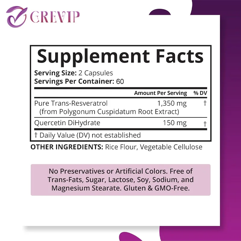 Trans-Resveratrol Capsules 1500mg Supports Brain Function Heart Skin Health Anti-aging Antioxidant anti aging cell booster