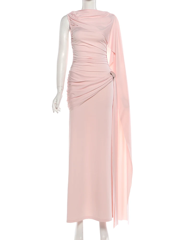 Nibber Ribbon Decoration Dress Woman o-Neck Sleeveless Ruched Elegant Gown Metal Trim High Waist Midnight Prom Party Vestidos