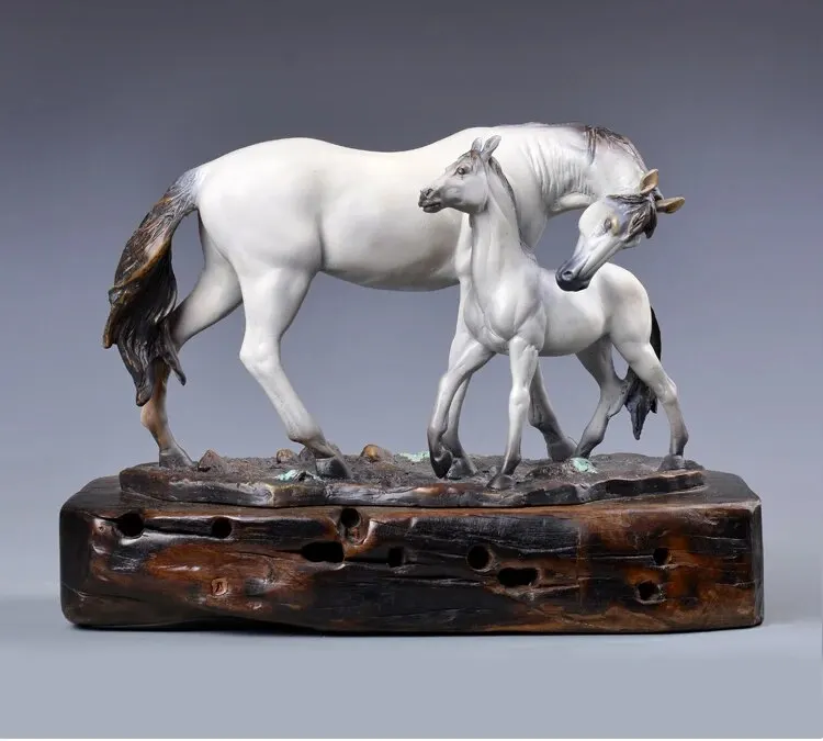 

43CM large HOME office Company SHOP TOP GOOD Bronze Sculpture art GOOD LUCK Mascot white HORSES mother and son Decorative statue