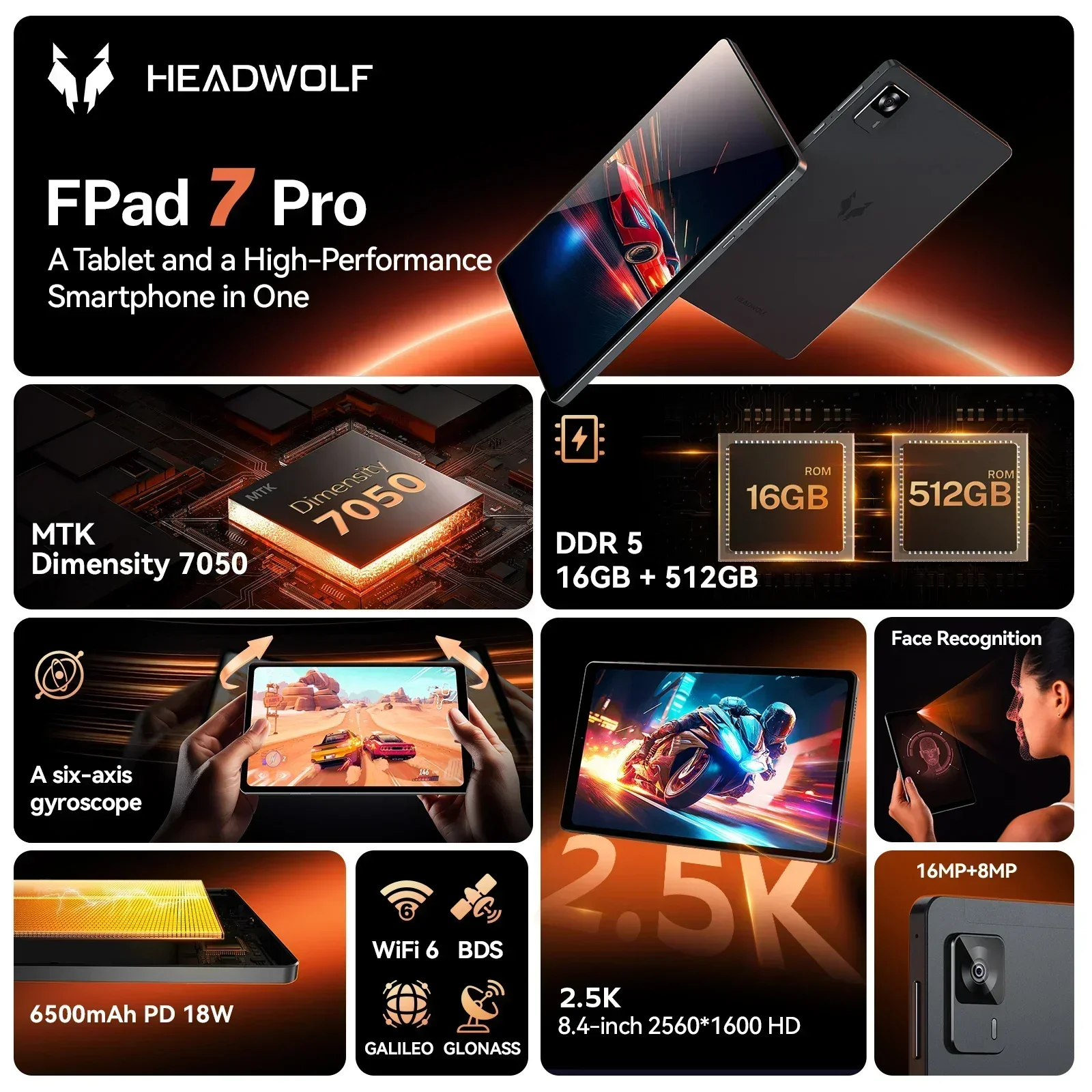 Headwolf FPad7 PRO Android 15タブレット 8インチ 2.5K HD 最大