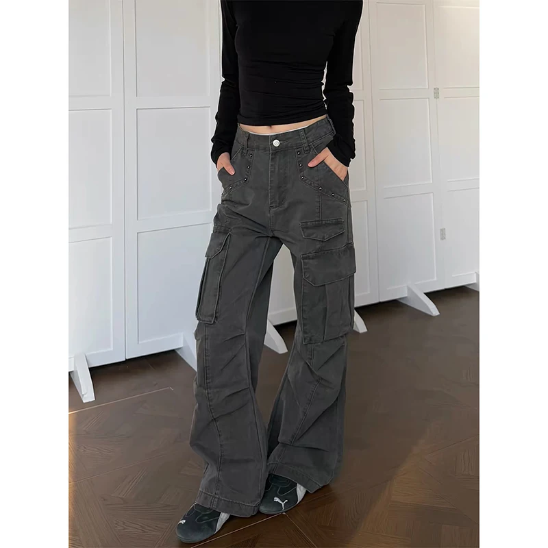 YIBASHU Women Vintage Gray Gothic Cargo Jeans Y2k High Waist Wide Leg Denim Trousers Harajuku Baggy Jeans Pants 2000s Clothes 1
