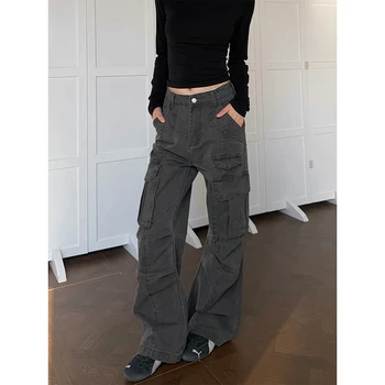 YIBASHU Women Vintage Gray Gothic Cargo Jeans Y2k High Waist Wide Leg Denim Trousers Harajuku Baggy Jeans Pants 2000s Clothes 1