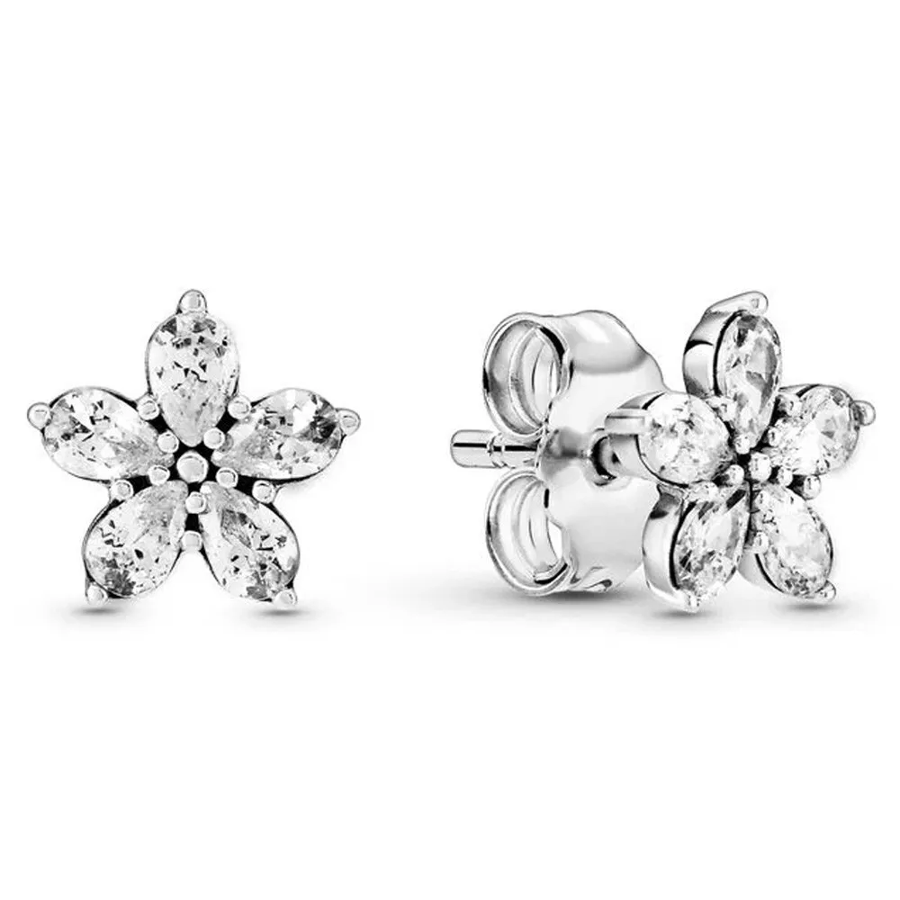 

Authentic 925 Sterling Silver Sparkling Flower Snowflake With Crystal Stud Earrings For Women Wedding Gift Fashion Jewelry