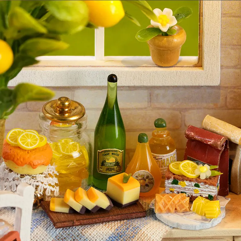DIY Miniature House Kit Pastoral Lemon Kitchen Cottage Wooden Handmade Assembled Dollhouse With LED Light Creative D