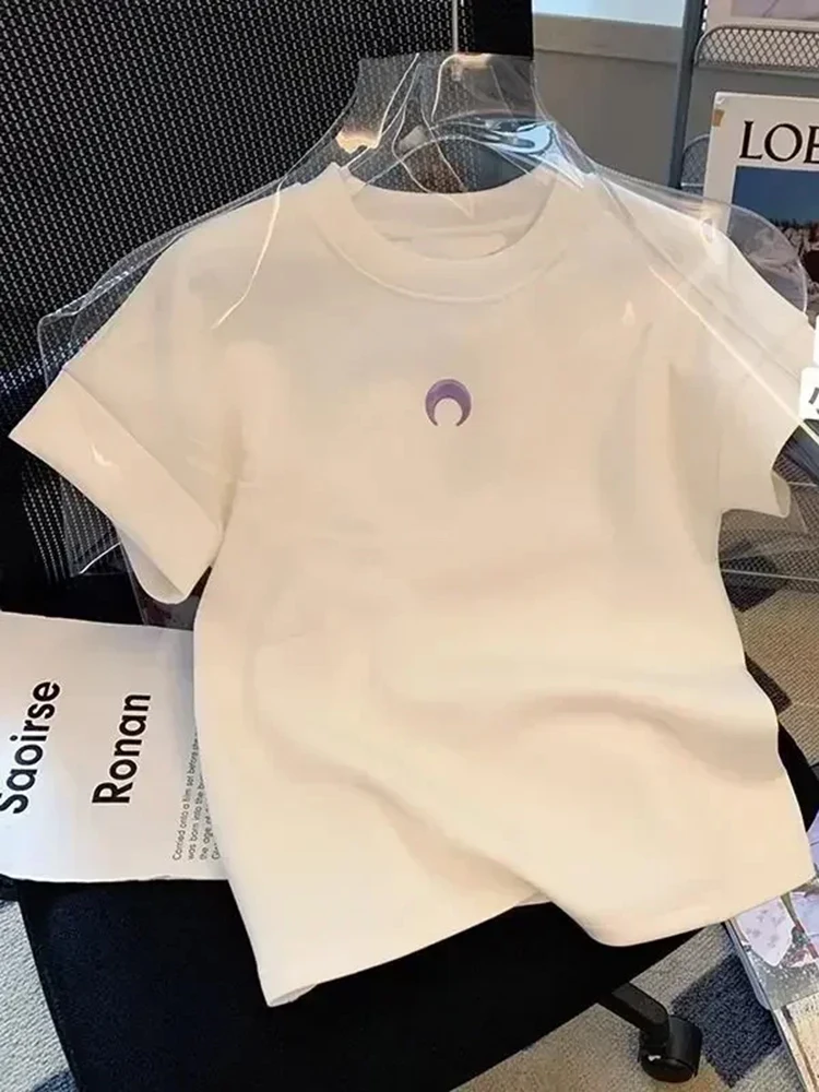 Women's White Moon Print Short Sleeve T-Shirt Summer Casual Round Neck Basic Tee Niche Fashionable and Versatile Top