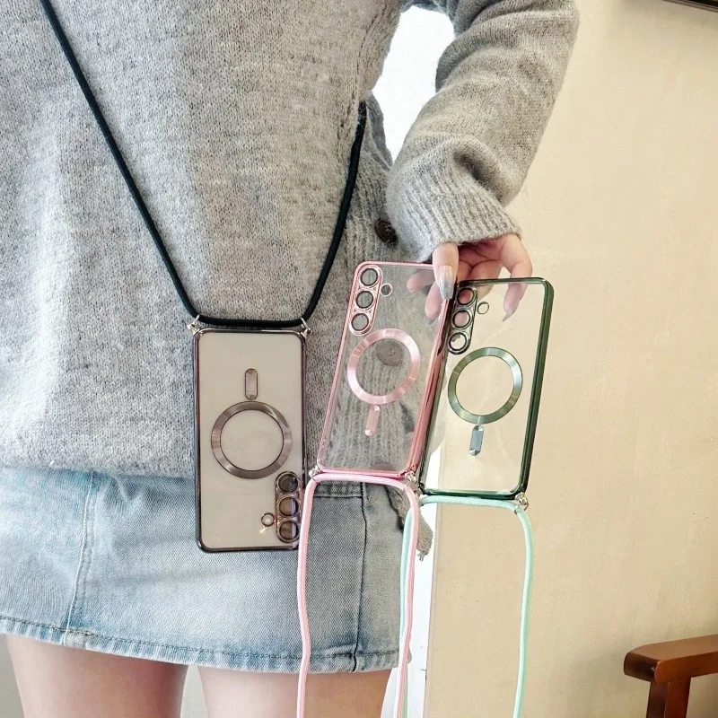 Magnetic Transparent Plating Crossbody Lanyard Phone Case with MagSafe