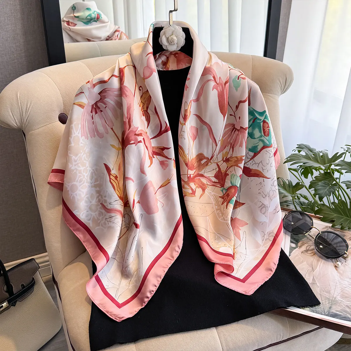 New Spring and Summer Design Luxury 90cm Women Scarf Sunscreen Foulard Shawl Hijab Female Hair Hijab Wraps Neckerchief Bandanda