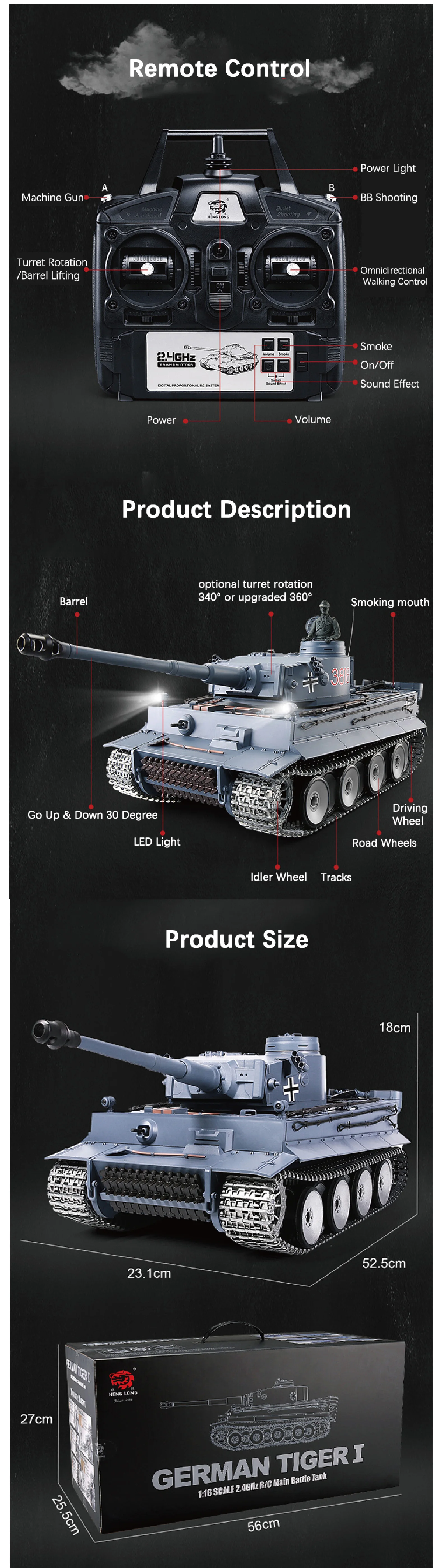 [Type B] RC Toys 2.4Ghz HENG LONG 1/16 7.0 German Tiger I Tank Model Radio Control 3818 Barrel Recoil BB Airsoft Smoke Panzer TH17234 
