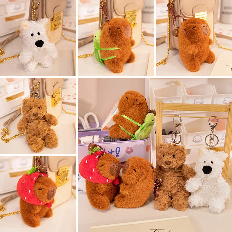 12cm Creative Fluffy West Highland Dog Teddy Bear Capybara Wear Strawberry Scarf&Turtle Backpack Plush Pendants Girls Xmas Gifts winter puppy strawberry full print vest cotton clothes teddy warm four legged suit pet dog clothes soft pullover