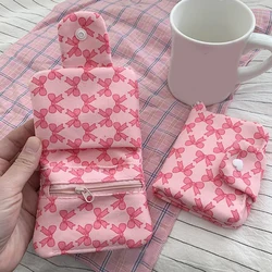 Pink Coin Purse Canvas Zipper Small Wallet With Snap Button Bow Print Girls Change Purse Earphone Coin Key Money Storage Bag
