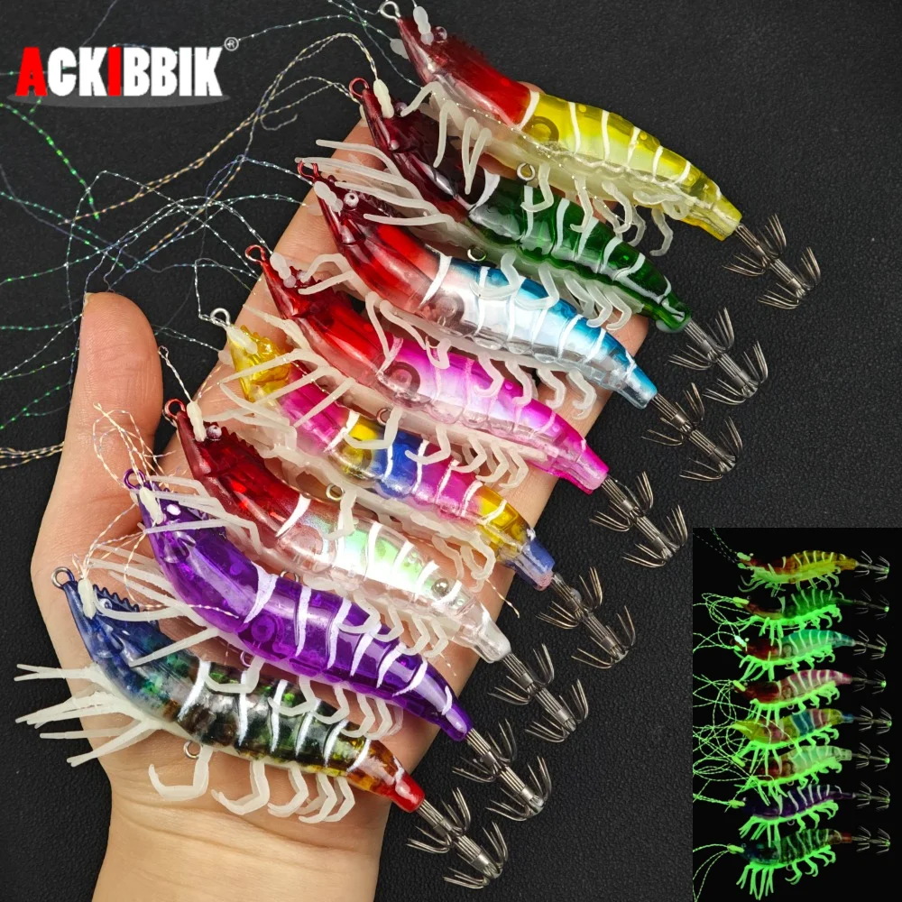 Leurre crevette lumineux Ackibbik pour pêche en mer - appât simulation crevette et seiche