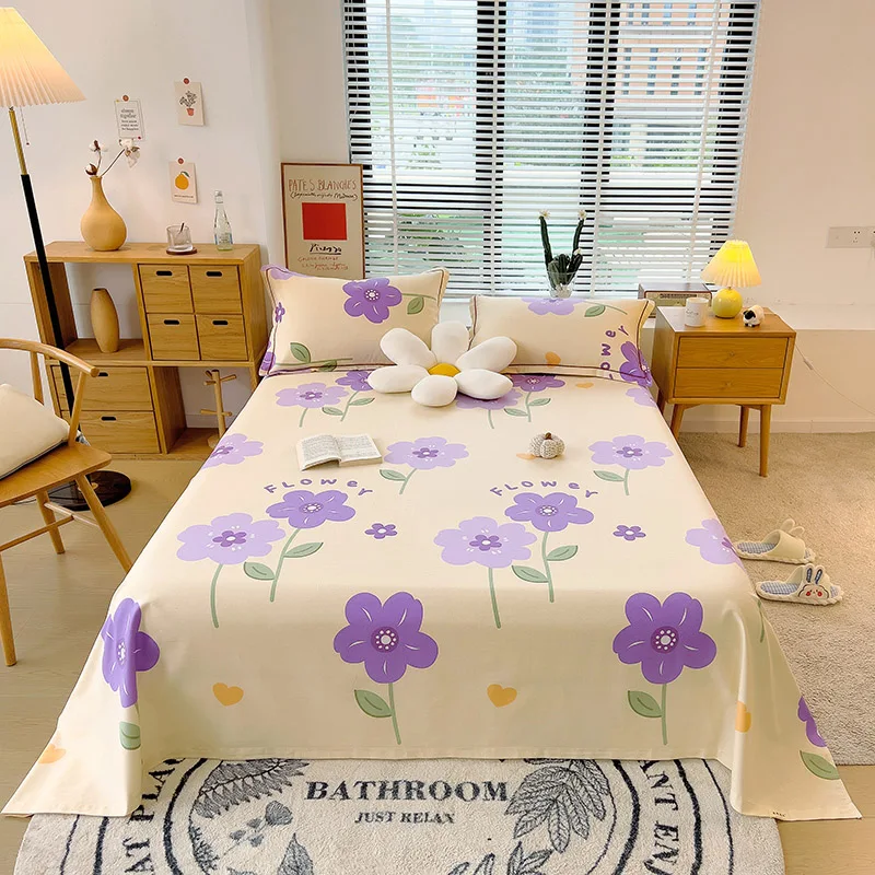 Botanical Floral Flat Sheet, Soft Purple Flower Print Bed Sheet Set Brushed Cotton Bed Cover with 2 Pillowcase Twin Queen Size 1