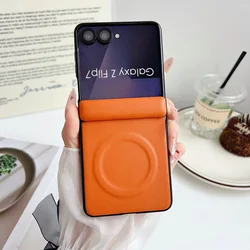 Slim Leather Magnetic Ring Case with Hinge Protection - Galaxy Z Flip5 (Orange)