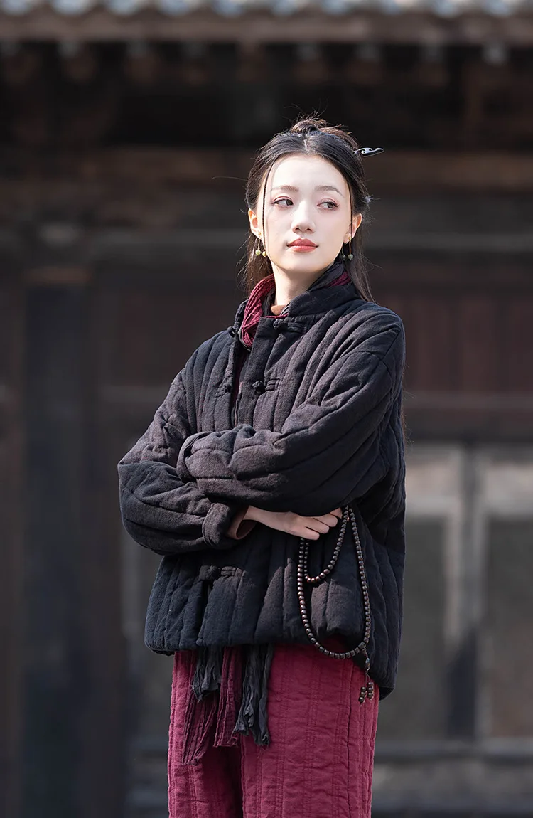 Johnature Women Chinese Style Linen Parkas Solid Color Stand Long Sleeve Winter Coats 2025 New Button Plus Cotton Warm Parkas