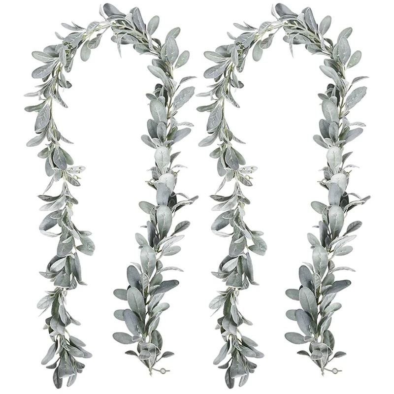 

New 2 Pcs Artificial Flocked Lambs Ear Garland - 6Ft/Piece Soft Faux Vine Greenery And Leaves For Framhouse Mantle Decor