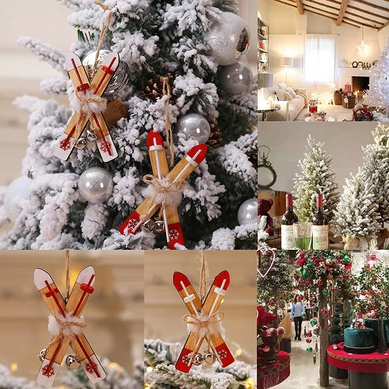 Doll House Mini Wooden Skis Crafts Supplies New Year Christmas Pendant Sled Christmas Tree Home Decor Gift