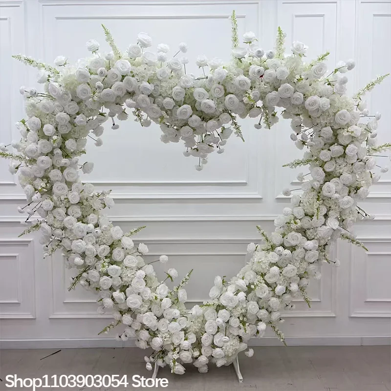 5D Weiße Rose Delphinium Herzförmiges Hochzeits-Kunstblumenarrangement Bühnenbogen Event-Feier Dekorationshintergrund