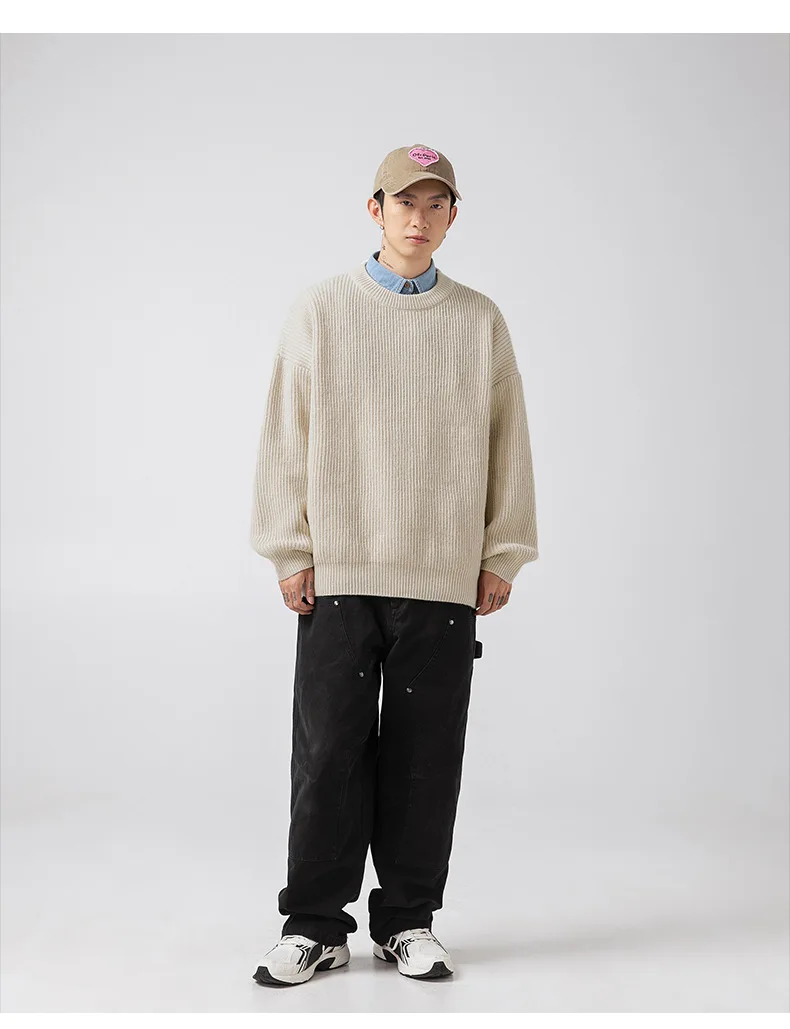 Heavyweight Thick Needle Pit Stripe Texture Sweater Solid Loose Round Neck Knit Jersey Coat man clothes 6
