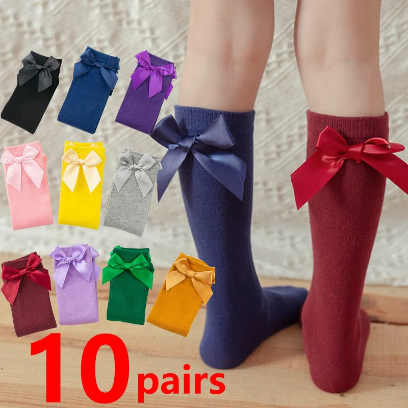 Girls' Cotton Bowknot Knee-High Socks - Stylish & Cute Stockings Set
