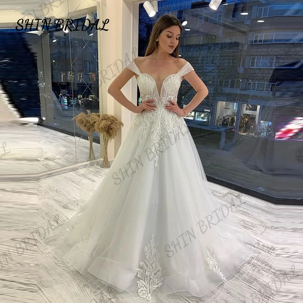 

Женское свадебное платье трапециевидной формы, элегантное платье с открытыми плечами и кружевной аппликацией, цвет слоновой кости, 2023