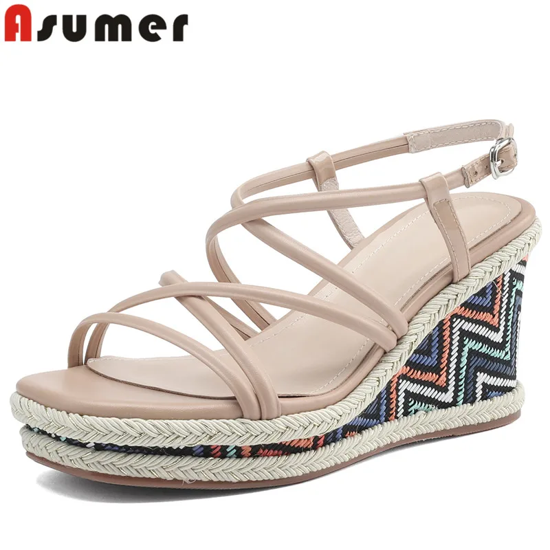 

ASUMER 2024 New Genuine Leather Buckle Sandals Concise Ladies Platform Shoes Women Wedges High Heels Casual Sandals